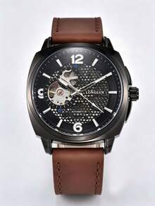 LONGLUX 1pc Men's Automatic Mechanical Watch Square Honeycomb Hollow PU Leather Strap Retro Sports Style Fashion Men's Watch - Coffee Brown - View 4