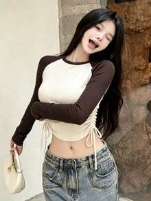 Atmospheric Contrast Color Raglan Long Sleeve Slim Fit Base Layer T-Shirt For Women, Drawstring Waist, Korean Pure Desire Style Beige & Brown Colorblock, Curved Short Length, Side Adjustable Ruched Tie, Round Neck Knit Top - Apricot - View 5