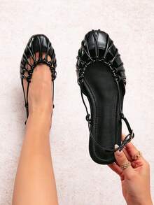 Women Round Toe Knotted Multi Strap Slingback Flats, Breathable Hollow Cutout, Soft Non-Slip Sole, Stylish Summer Sandals For Daily Wear & Shopping - Black - View 1