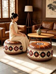 Round Storage Ottoman, Large Capacity Soft Footstool With Hidden Clothes Storage, Padded Seat & Floral Fabric Design, Multifunctional Organizer Stool For Adults, Bedroom Living Room Closet Dorm Home, Space Saving Furniture - Brown - View 2
