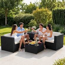 AYAYM Garden Furniture Set With Cushions, Convertible L‑Shaped Outdoor Rattan Sofa Set With Storage Box & Glass Coffee Table For Patio Conservatory Garden, Black & White - 4‑seater Sofa With Coffee Table & Storage Box - View 7