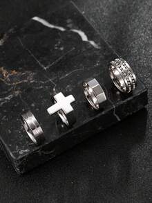 Hipoem 4pcs Fashion Stainless Steel Men's Ring Set With Cross & Round Bead Rotating Elements, Suitable For Daily Wear & Halloween Atmosphere Accessories - Silver - View 3