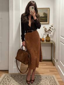 Elegant And Sophisticated Suede Leather Midi Skirt, Perfect For Commuting, Everyday Wear, And Business Occasions. Basic High-Waisted, Slimming A-Line Silhouette. Suitable For Winter Outfits, Festival Outfits, Parties, And Work Wear. - Brown - View 1