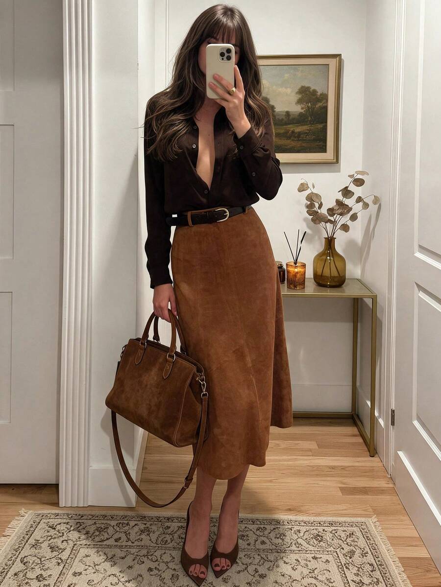 Elegant And Sophisticated Suede Leather Midi Skirt, Perfect For Commuting, Everyday Wear, And Business Occasions. Basic High-Waisted, Slimming A-Line Silhouette. Suitable For Winter Outfits, Festival Outfits, Parties, And Work Wear. - Brown - View 1