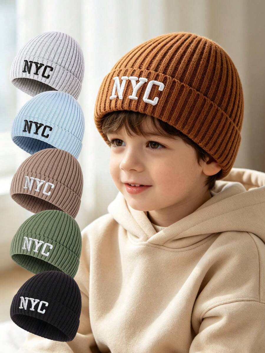 1pc Children's Elastic Cuff Knit Hat, NYC Embroidered Casual Kids Knit ...