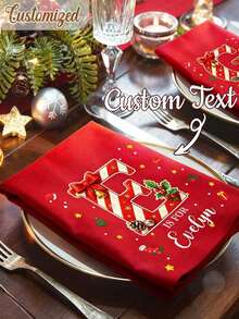 Personalized Christmas Flax Napkin With Name | Candy Cane Initial | Party Table Decor | Christmas Gift For Family & Friends - Multicolor - View 4