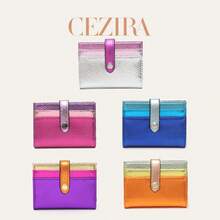 CEZIRA Women Fashion Metallic Color Block PU Vegan Leather Credit Card Holder Colorful RFID Protected Bifold Short Wallet Multi Card Slots Functional Purse - Multicolor - View 4