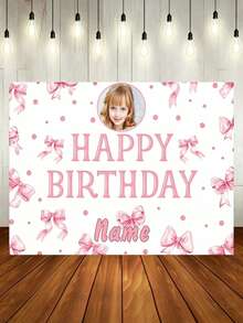 1pc Customizable Pink Bow Birthday Background, Pink Polka Dot Girly Design Background, Suitable For Birthday Party Cake Smash, Photography Backdrop, Vinyl - Pink - View 9