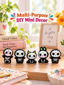 5Pcs Mini Day Of The Dead Sugar Skull Figurines Set, Hand-Painted Colorful Glossy Resin Cute Cartoon Cat Rabbit Skeleton Statues, Spooky Mini Ornaments For Halloween Party, Micro Landscape Fairy Garden, Desktop Shelf Home Office Decoration - A - View 10