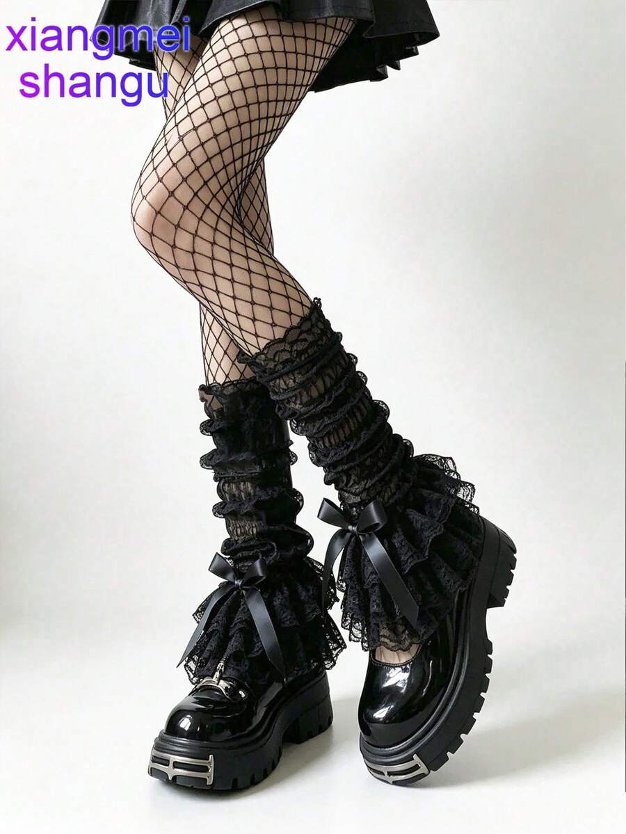xiangmeishangu 1 Pair Lace Trim Leg Warmers, Sweet Bow Slouch Socks, Patchwork Sweet Cool Tulle Mid-Calf Socks For Summer, Suitable For Daily, Party, Performance Matching And Gifts - Multicolor - View 1