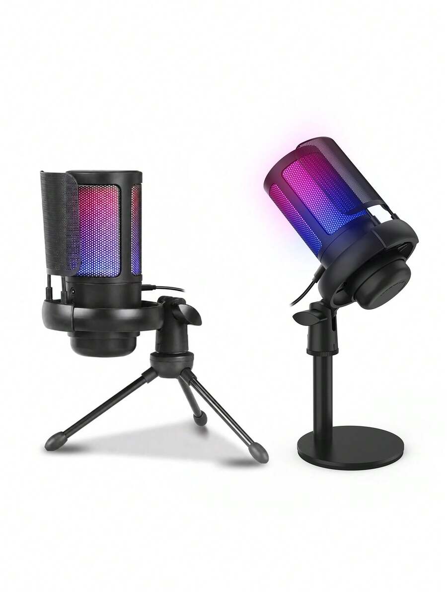 1pc USB Plug RGB Gaming Condenser Microphone, Plug And Play Computer Microphone With Noise Reduction, One-Key Mute, Echo Volume Control, Rotary Gain Knob, Suitable For Live Streaming, Podcast, Video, Gaming Voice