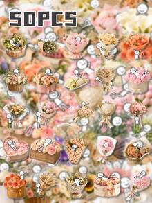 50Pcs PET Little Happiness In Bouquet Stickers, Fresh Bouquet Healing Style, Including Rose Bouquets, Carnations, Tulips, Sunflowers, Small Flower Baskets, Gift Boxes, Bows, Hearts, Flower Elements, For Tablet, Notebook, Storage Box, DIY Craft Decor - Multicolor - View 9