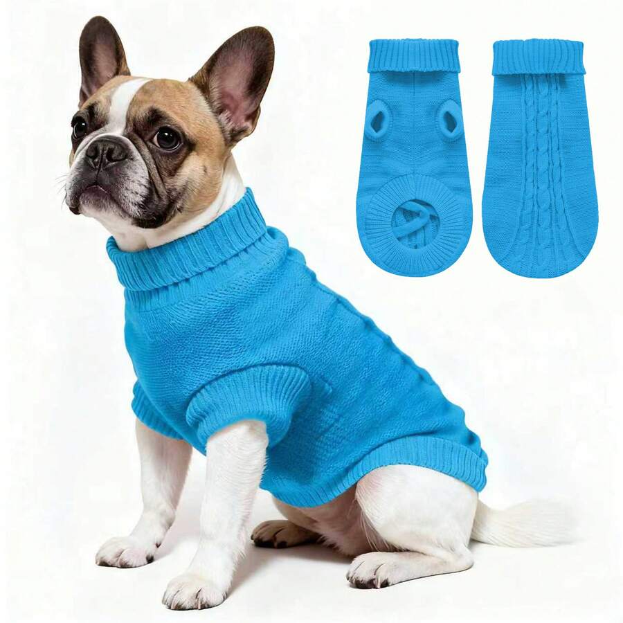 1PC Solid Color Cable Knit Pet Sweater Clothing For Cats And Dogs - Mint Blue - View 1