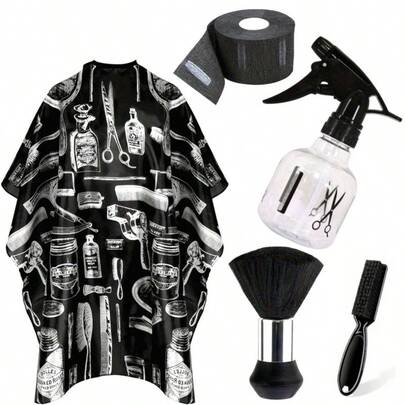 5pcs Professional Hair Salon Cape Set - Hairdressing Cape, With Neck Brush, Face Dusting Brush And Disposable Towels - Dust-Proof, Salon Spray Bottle, Suitable For All Hair Types, Salon Accessories, Fashion Hairdressing Equipment, Durable Hairdressing Supplies