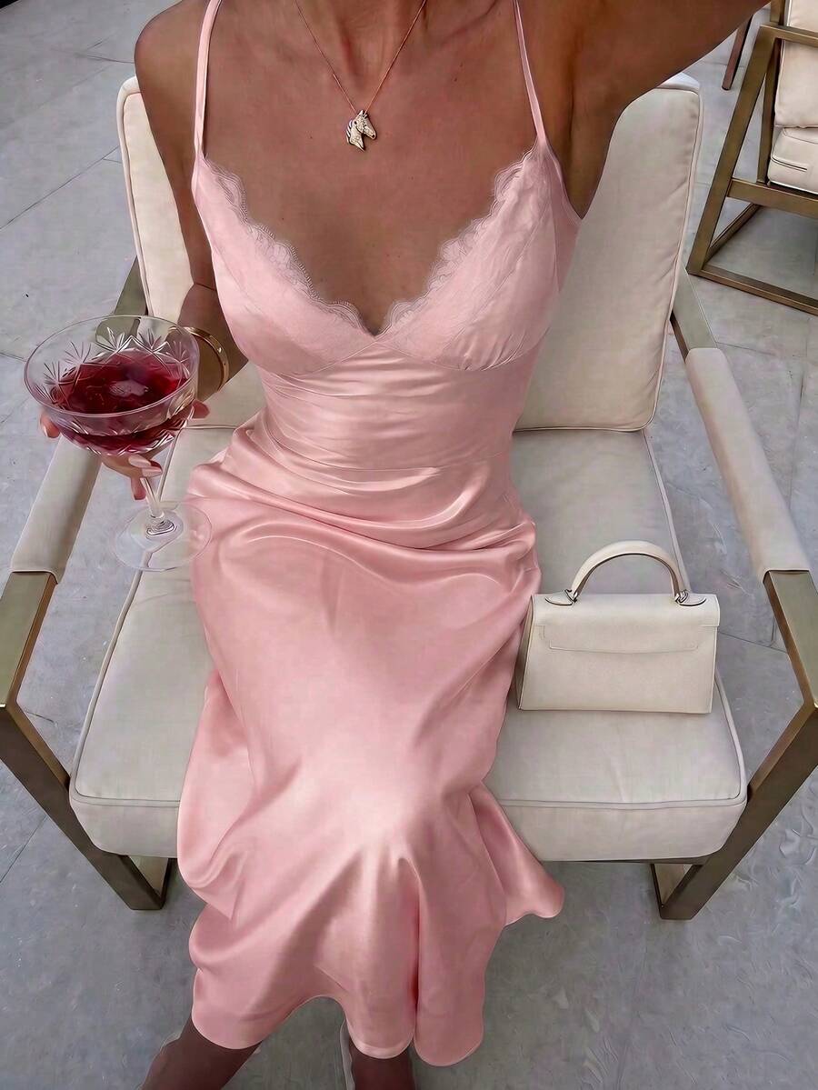純色優雅休閒蕾絲拼接時尚露背細肩帶洋裝,女性度假穿搭,派對優雅洋裝,沙灘洋裝,夏季洋裝 - 粉色 - 查看 1