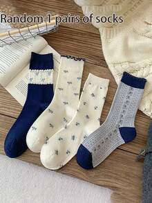 Random 1/4 Pairs Korean Style Floral Mid-Calf Socks For Women, Navy Blue Ruffle Edge Vintage Flower Socks, Versatile Breathable Socks - Multicolor - View 7