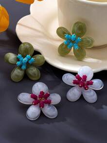 2 pares/sets de pendientes de botón con flores de resina en bloques de color dopamina, estilo pastoral, hechos a mano con cuentas, pendientes de flores grandes - Blanco-verde - Ver 3