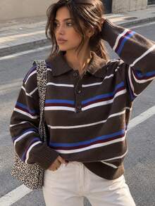 Yuwenier Brown Colorful Striped Polo Collar Knit Sweater Button Front Long Sleeve Loose Casual Pullover Tops For Women Fall Daily Street Outfits - Brown - View 2