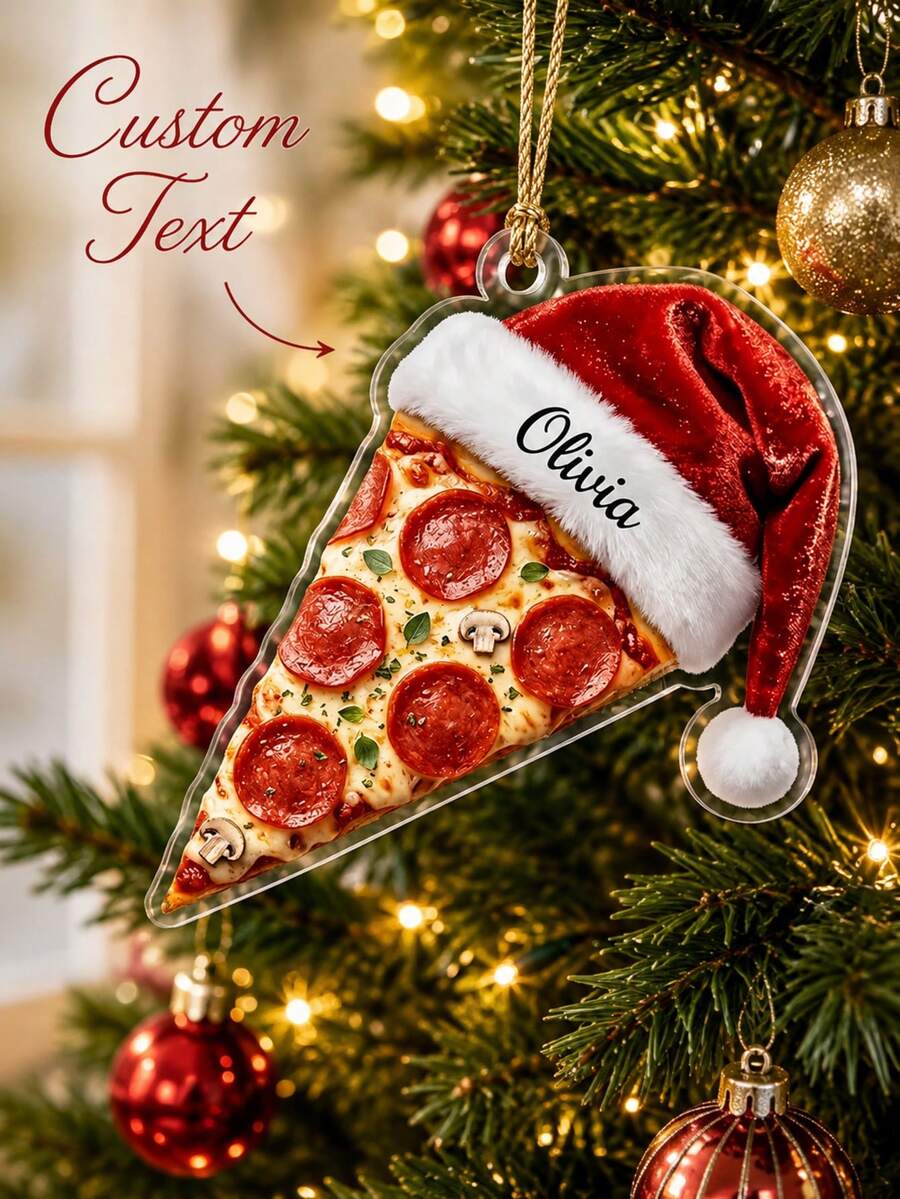 1pc Custom Personalized Pepperoni Pizza Slice Christmas Ornament,Santa Hat Foodie Decor,Personalized Pizza Party Favor,Holiday Gift,Christmas Tree Hanging Decor,Christmas Gift - Multicolor - View 1
