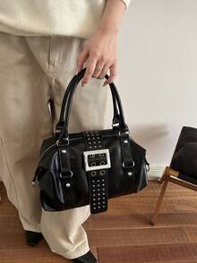 1pc Multifunctional Rivet Handbag, Vintage Motorcycle Style Rivet Decor PU Leather Shoulder Bag, Punk Rock Underarm Bag, Suitable For Work, Commute, Date, Party And Music Festival - Black - View 5