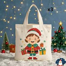 3pcs Christmas Santa Claus Gift Christmas Eve Apple Canvas Tote Bag, Christmas Gift Bag, Gift Storage Bag - Multicolor - View 10