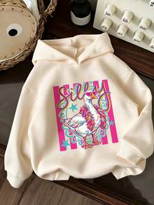 Tween Girls Pullover Hoodie, Silly Duck Colorful Cartoon Front Graphic Print, Fall Winter Casual Daily Tops - Apricot - View 1