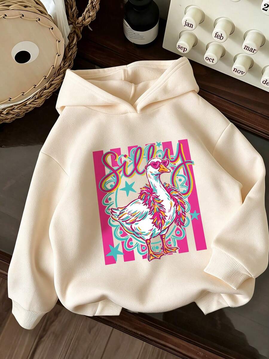 Tween Girls Pullover Hoodie, Silly Duck Colorful Cartoon Front Graphic Print, Fall Winter Casual Daily Tops - Apricot - View 1