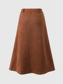 Elegant And Sophisticated Suede Leather Midi Skirt, Perfect For Commuting, Everyday Wear, And Business Occasions. Basic High-Waisted, Slimming A-Line Silhouette. Suitable For Winter Outfits, Festival Outfits, Parties, And Work Wear. - Brown - View 6