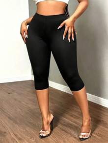 Plus Size Mid Waisted Black Capri Leggings | Stretchy Tummy Control Butt Lifting Slimming Pants For Curvy Women | Fall Daily Wear & Going Out Outfits - Multicolor - View 8