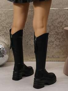 Women's Fashion Classic Knee-High Boots With Back Zipper, Thick Sole, Western Style Black Boots For Daily Wear - Black - View 6