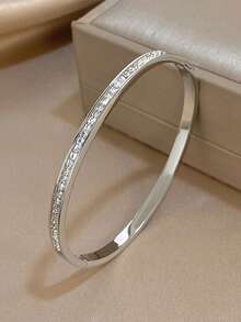 RAYQUEEN 3pcs Stainless Steel Rhinestone Flower Bracelet & Bangle Set, Fashionable Versatile Jewelry, Suitable For Holiday Gifts - Silver - View 9