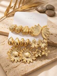 8 Pairs Combination Metal Gold Earrings Set European & American Vintage Sunflower Flower Shell Water Drop Stud Earrings Exaggerated Atmosphere Ear Jewelry For Women - Gold - View 7