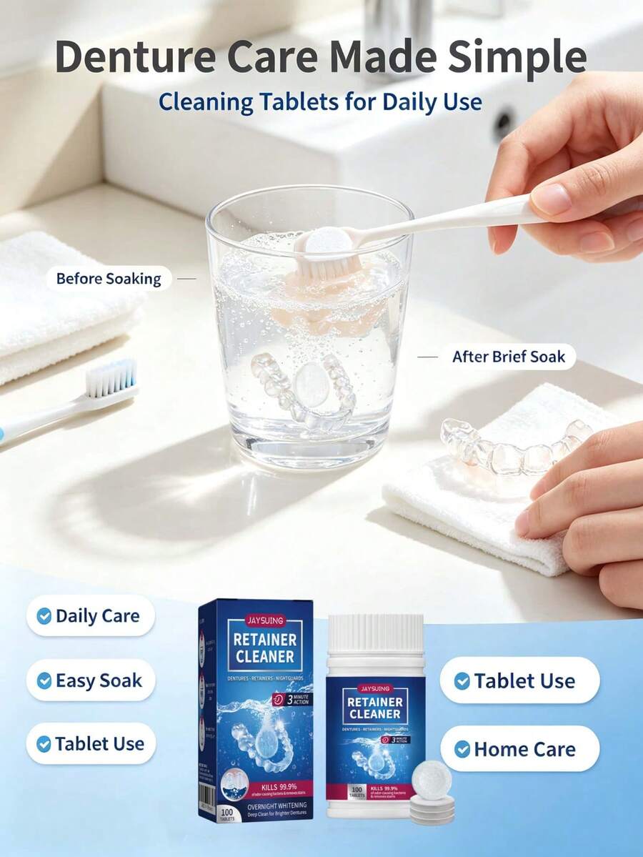 JAYSUING Denture & Retainer Cleaning Effervescent Tablets, Soak To Remove Stains & Reduce Odor, Denture & Retainer Accessory Cleaning Tablets - Solid State - View 1