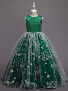 Girls' Embroidered Long Princess Dress, Formal Dress For Wedding, Birthday Party, Christmas, Holiday Gathering, School Dance, Piano Performance - Green - View 3