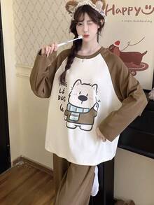 2pcs/Set Women's Spring/Autumn/Winter Cartoon Pajamas, Casual Sweat-Absorbent Breathable Round Neck Long Sleeve Long Pants Loungewear, Fall Clothes For Women - Brown - View 4