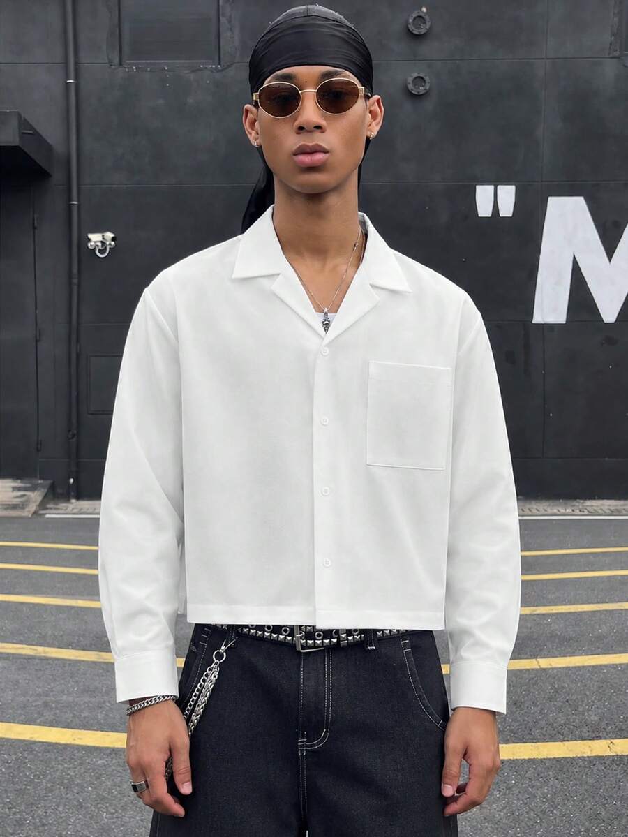 HOMIIE Men's White Loose Short Long Sleeve Shirt, Camp Collar, Chest Pocket, Button Front, Casual Streetwear Top Suitable For Spring, Autumn And Back To School - White - View 1