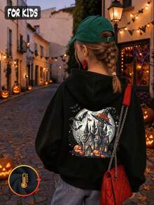 Halloween Autumn Winter Girls' Hooded Fleece Sweatshirt With Castle, Moon, Pumpkin And Bat Print - Black - View 3