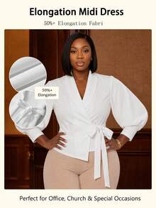 NOU Women's Green Collar Oversized Lantern Sleeve Cinched Waist Stiff Fabric Daily Commute Professional - White - View 9