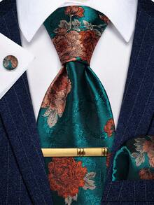 Men's Tie Handkerchief Cufflinks Tie Clip 4pcs Set Deep Green Orange Red Floral Jacquard Gold Tie Clip Business Matching - Cadet Blue - View 1