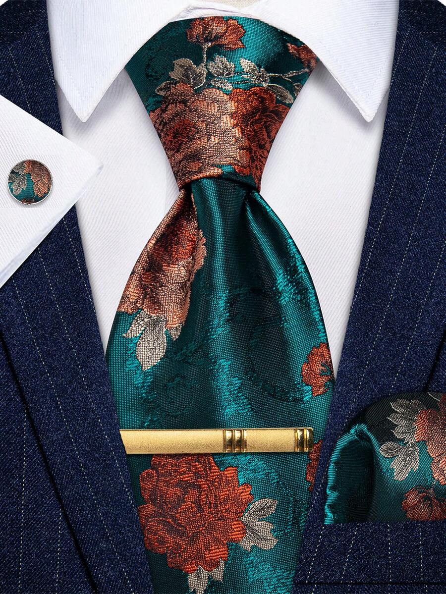 Men's Tie Handkerchief Cufflinks Tie Clip 4pcs Set Deep Green Orange Red Floral Jacquard Gold Tie Clip Business Matching - Cadet Blue - View 1