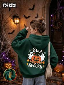 Halloween Autumn Winter Girls' Hooded Fleece Sweatshirt With Pumpkin, Ghost, Candy Print And "Stay Spooky" Text, - Dark Green - View 5