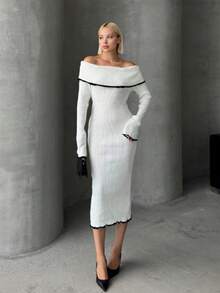 Knitwear Dress; Fish Tail Style Bodycon With Color Block Details And Off Shoulder Design - White - View 6