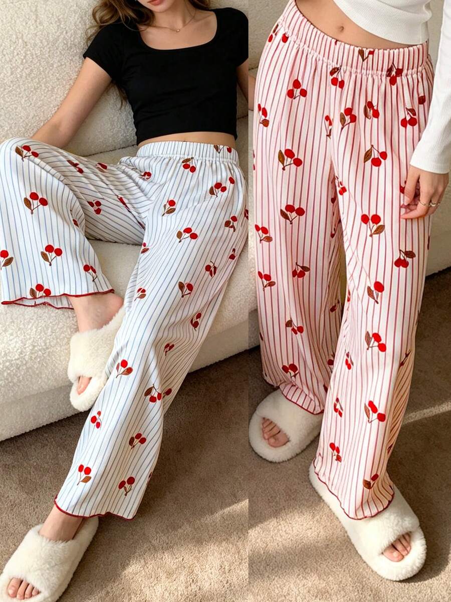 2 Pieces Of Soft And Comfortable Cherry Print Striped Sleepwear For Girls, Elastic Waist Wide Leg Pants, Cute Casual Home Wear For Spring/Autumn - Multicolor - View 1