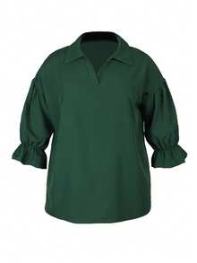 Blusa de mujer talla grande de unicolor con cuello y mangas abullonadas - Verde - Ver 4