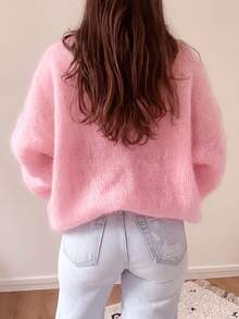 Women's Oversized Pink Fuzzy Knit Sweater | Casual Loose Crewneck Pullover Tops | Soft Warm Chunky Balloon Sleeve Knitwear For Fall Winter - Pink - View 4