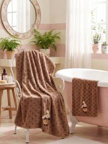1pc/2pcs Approx. 14*29in/28*55in Pink Leopard Print Towel, Cute Embroidered Rabbit Pattern Coral Fleece Bath Towel + Face Towel, Ultra Soft High Absorbency Quick Dry Thick Non-Shedding Towel, Suitable For Bathroom, Home, Travel - Brown - View 4