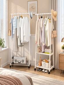 1pc White Rolling Garment Rack, Floor-Standing Open Wardrobe With Hanging Rod And Multi-Layer Storage Shelves, Large Capacity Clothing Organizer, Can Store Clothes, Shoes, Bags And Hats, Space-Saving Mobile Clothes Rack, Suitable For Bedroom, Dorm, Apartment, Entryway And Small Spaces, Minimalist Home Storage And Organization, Applicable For Spring, Summer, Autumn And Winter Home Storage, Random Style Shipment - Multicolor - View 7