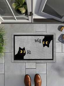 Cartoon Black Cat Thick Flannel Entryway Mat, Machine Washable, Suitable For Doorway, Bathroom, Laundry Room, Sink, Foot Mat, Dining Room, Bedroom, Indoor Floor Mat - Grey - View 2