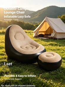 1 Set Khaki/Blue Durable PVC Inflatable Slouchy Sofa, Lightweight And Easy To Store, Modern Minimalist Style, Suitable For Yard, Balcony, Camping And Outdoor Travel Leisure, Holiday Essential - Multicolor - View 3