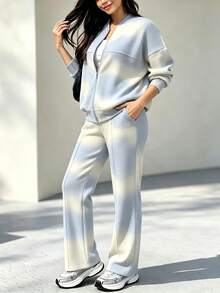 Casual Women's Fashion Commute Set, Comfortable Loose Patchwork Contrast Color Long Sleeve Jacket Top + Straight Leg Pants 2 Pieces Set, Autumn Sports Outfit - Dusty Blue - View 1
